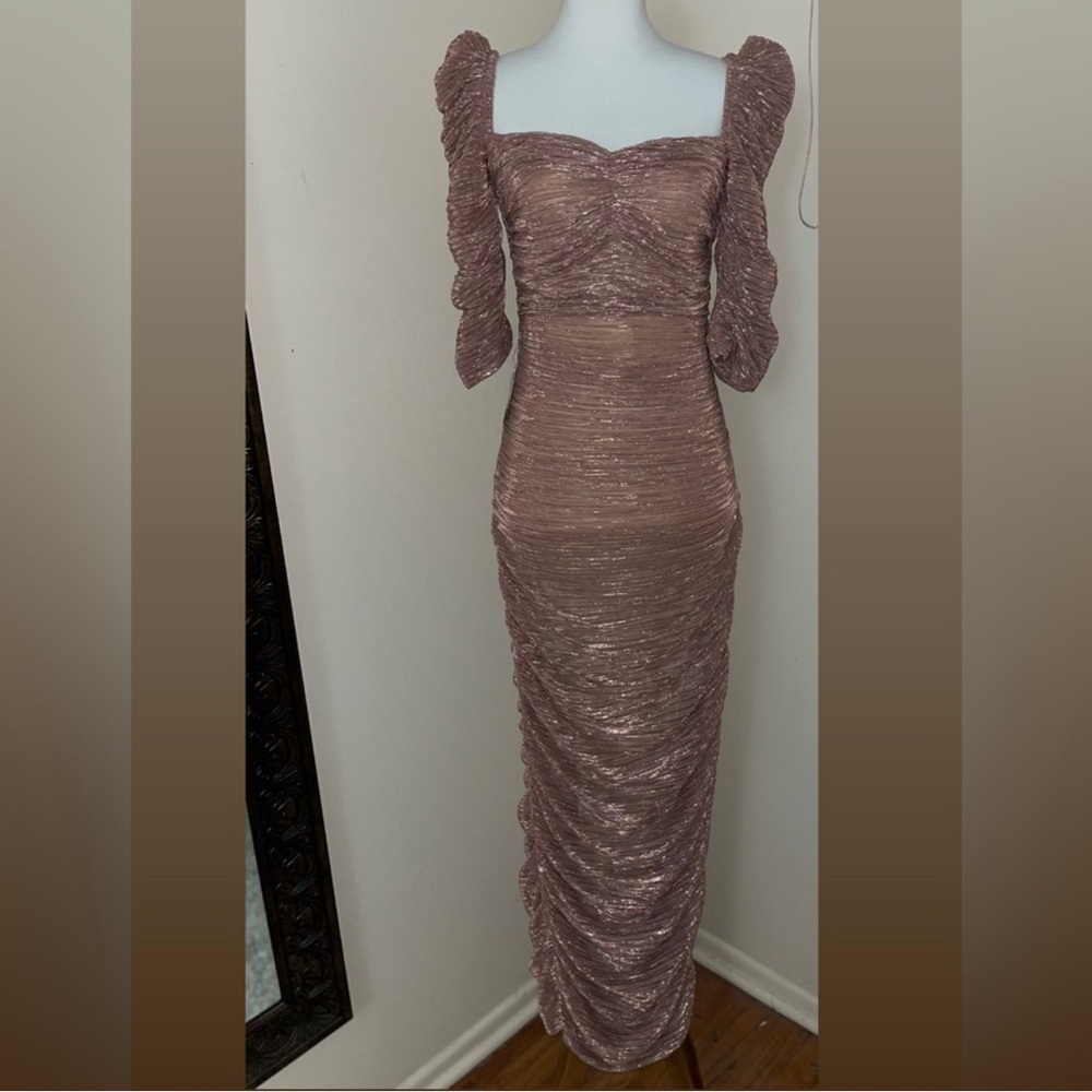 Miss Circle Sorrel Ruched Chiffon Long Maxi Dress. Elegant Pink Ruched Dress-